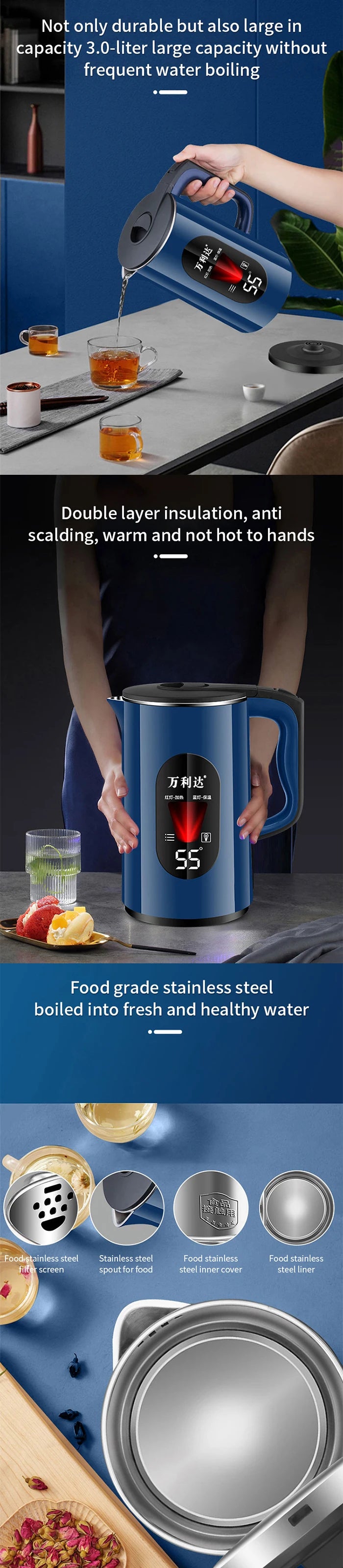 3L Stainless Steel Electric Kettle LED Temperature Display Automatic Power-Off Constant Temperature Smart Household Hotels