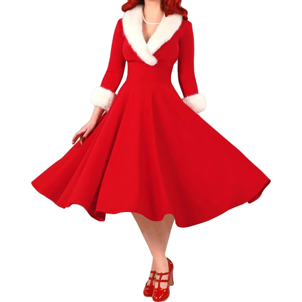 2024 Retro Temperamental Women Christmas Dresses Vintage V-Neck High Waist Long Dress Raw Edge Patchwork Large Swing Party Dress