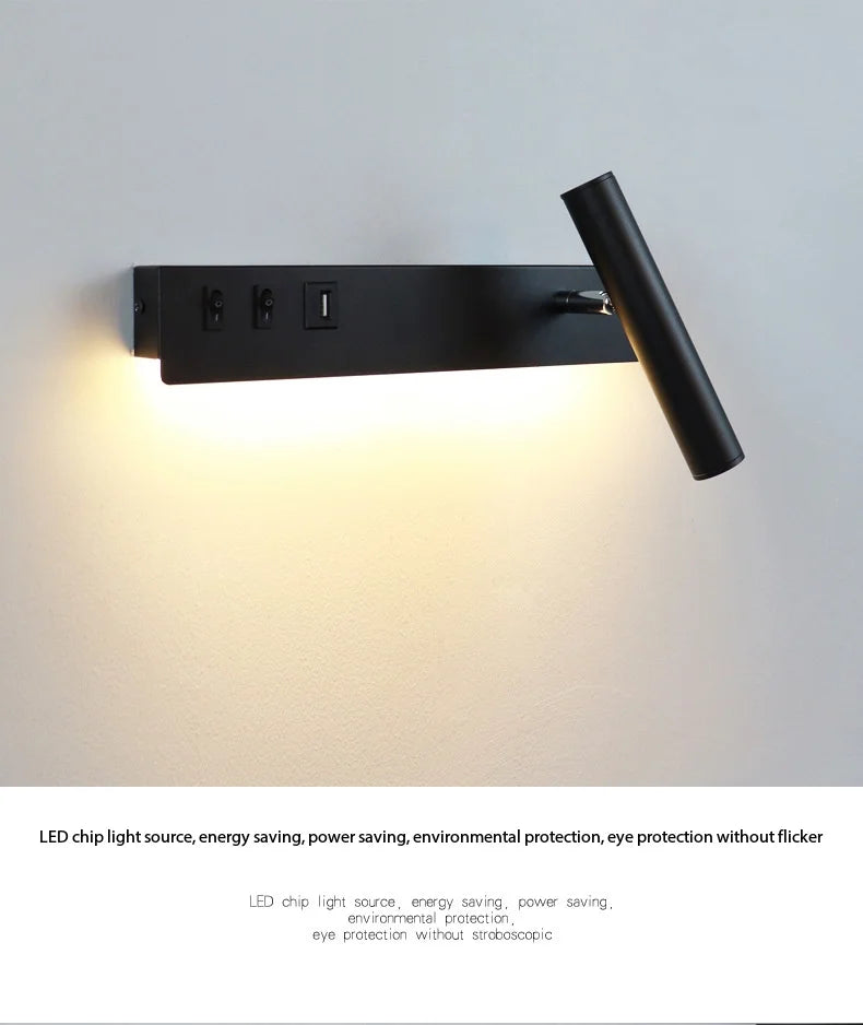 LED wall light with switch, rotatable USB reading spotlight, spotlighting, bedroom bedside hallway home decoration wall light