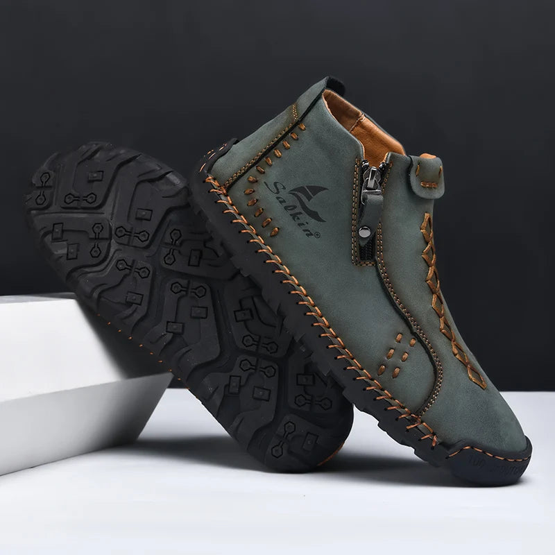 Handmade Leather Casual Shoes For Men Sneakers Men Flat Footwear Zipper Leather Boots Men Ankle Plus Size 39-48