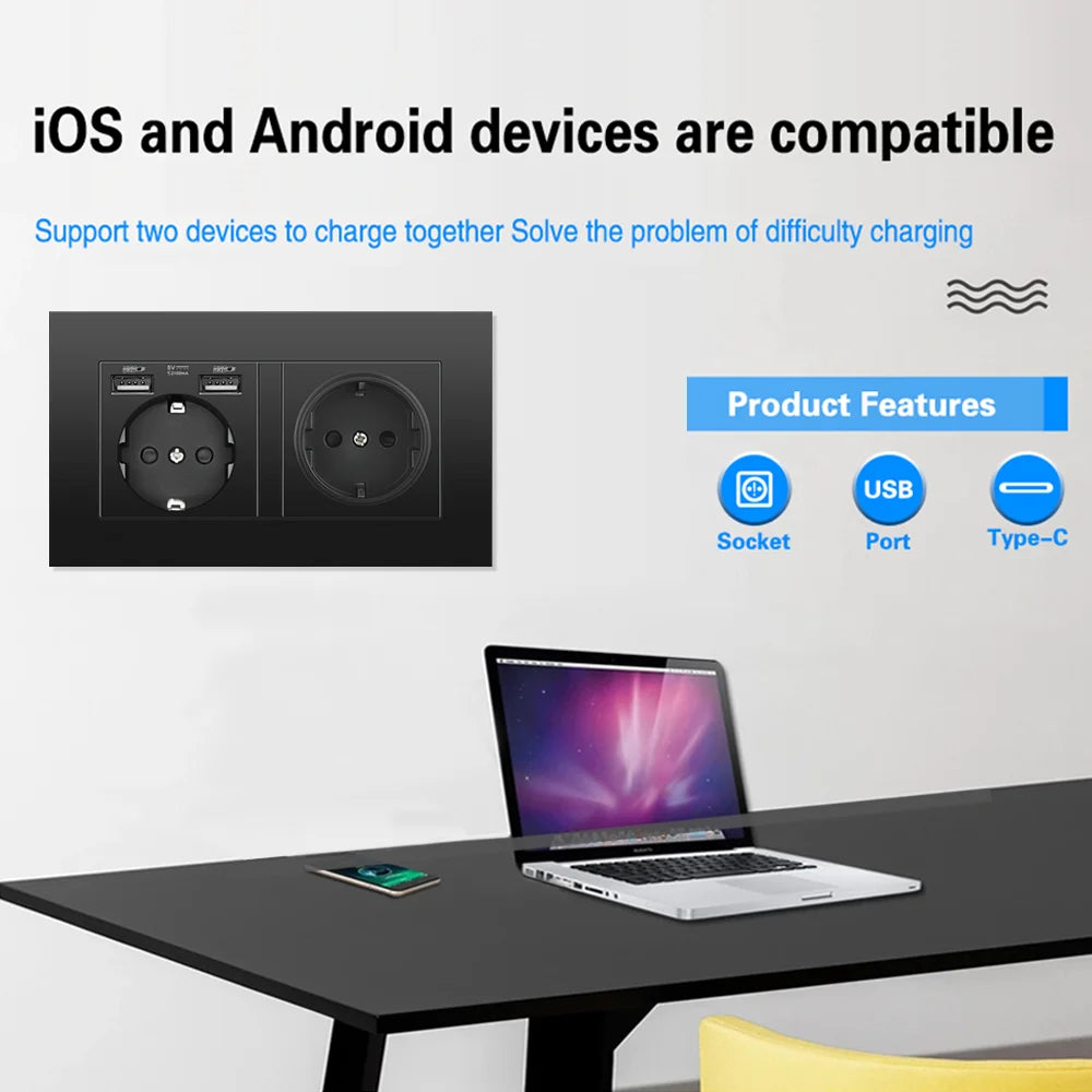EIOMR EU Standard Electrical Socket,USB Type-C Mobile Phone Charging Outlet,16A 220V Household Appliances Electric Socket Switch