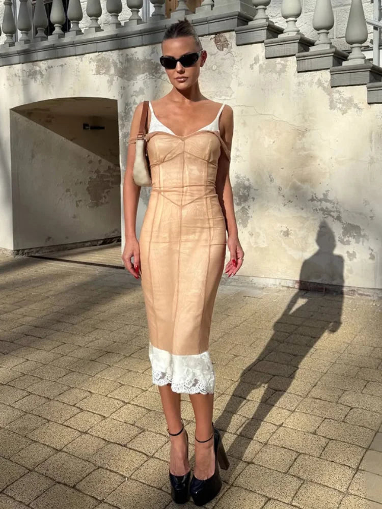 Sexy Sheer Mesh Overlay Midi Dress Women Sleeveless Sleeveless Spaghetti Strap Slim Dresses 2026 Lady Trendy Party Club Robe