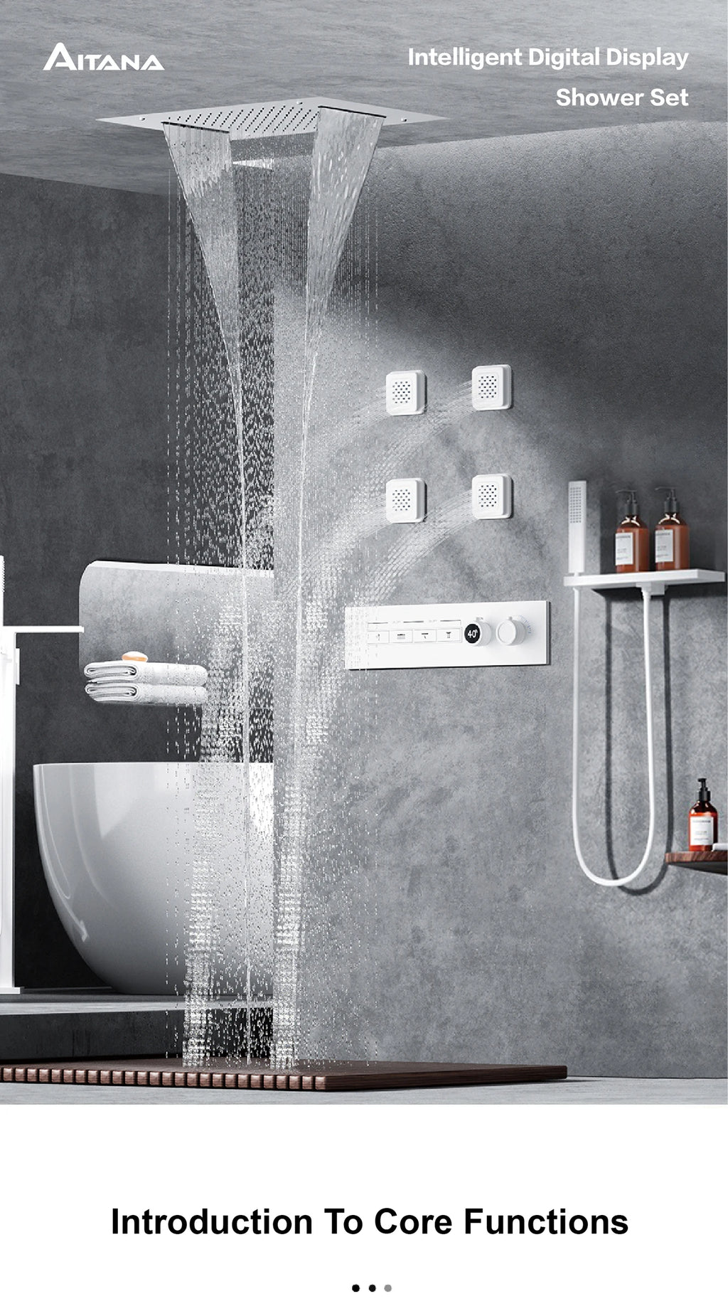 Luxury Gun Grey Brass Thermostatic Shower System Ceiling-Embedded Rainfall&Waterfall Outlet with LED Display Bathroom Mixer Tap