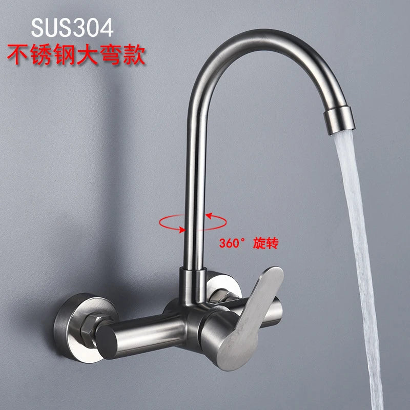 Wall Mount Kitchen Sink Faucet 304 Stainless Steel 2 Modes Hot and Cold Mixer Taps Double Hole Rotating Kitchen Faucets Brushed
