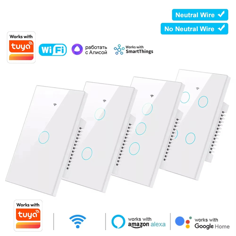 Wifi+Bluetooth Touch Light Switch No Neutral Wire &Neutral Wire US Touch Panel Wall Switches Works with Tuya Smart Life App
