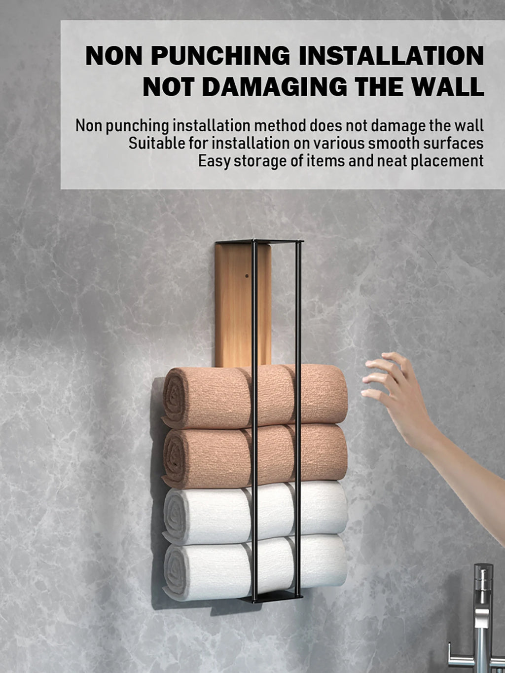 Bathroom wall mounted towel rack, bathroom decorative towel rack, towel hanging rack, roll towel storage, no drilling required