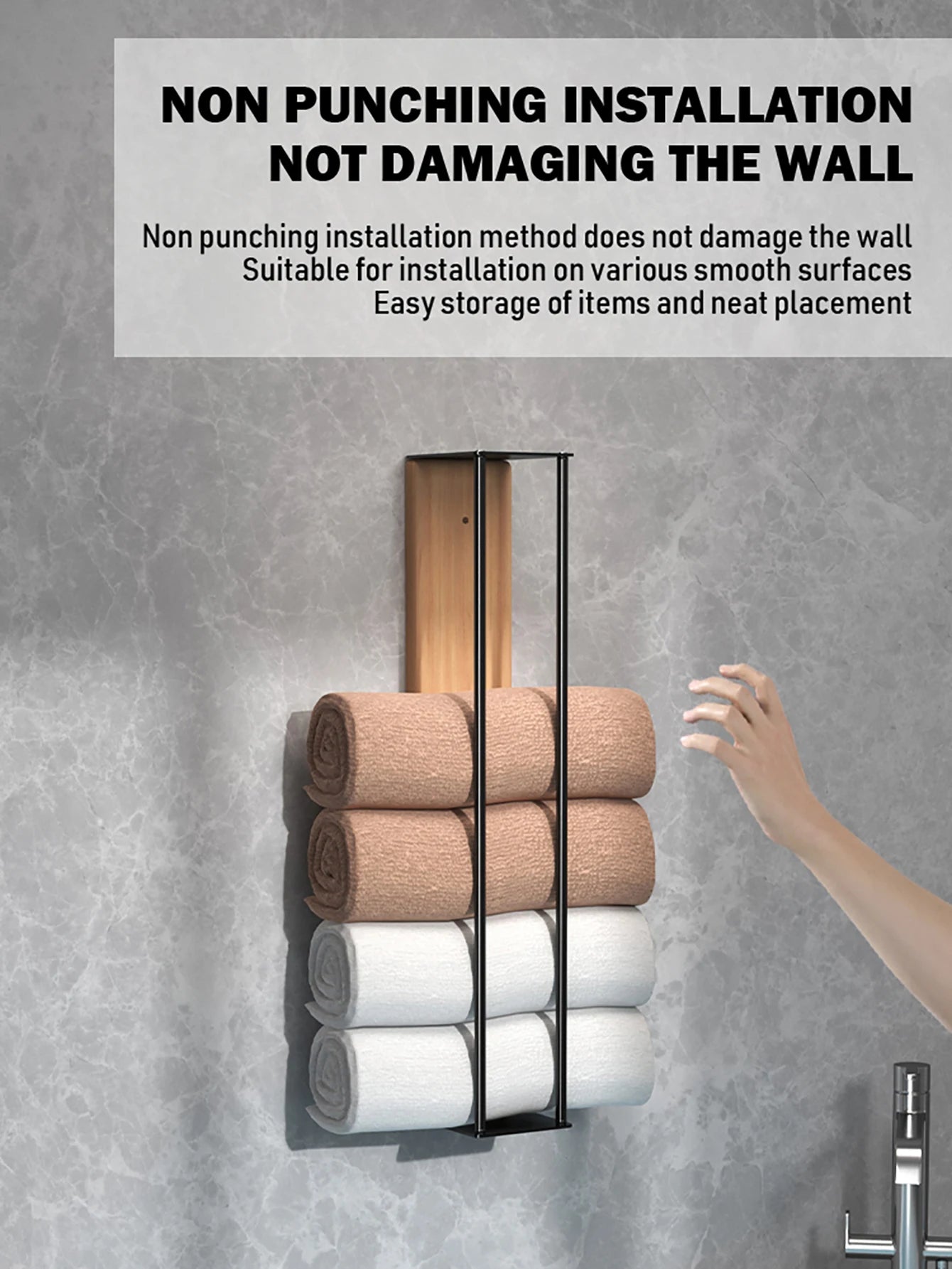 Bathroom wall mounted towel rack, bathroom decorative towel rack, towel hanging rack, roll towel storage, no drilling required