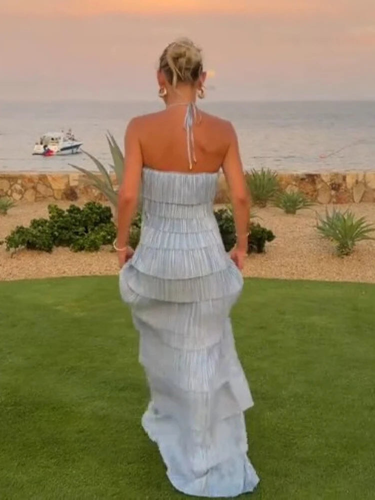 Bohemian Blue Pleated Halter Maxi Dress Women Gentle Sleeveless Asymmetric Ruffles Vestido Romantic Dinner Date Night Gowns 2026