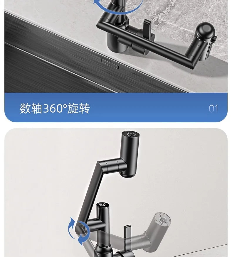 Stainless Steel Faucet Washbasin Bathroom Multi-functional Robotic Arm Universal Rotation for Hot and Cold Water Digital Display