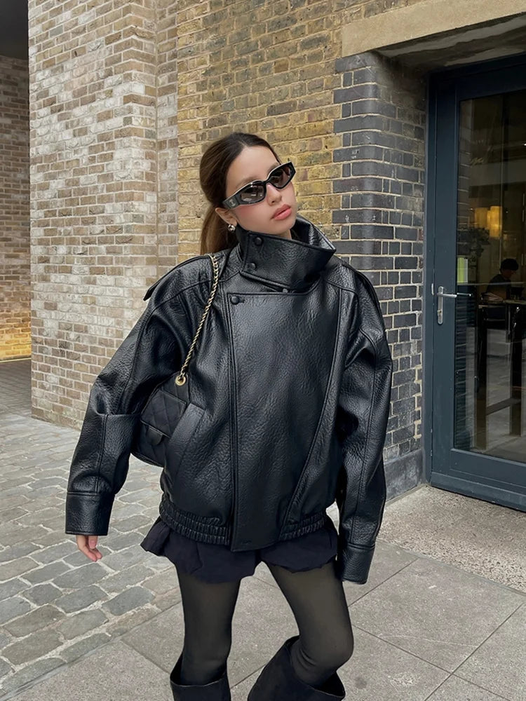 Fashion Black Faux Leather Short Jackets Women Retro High Neck Long Sleeve Oversized Coats Lady Autumn Winter Classic Streetwear