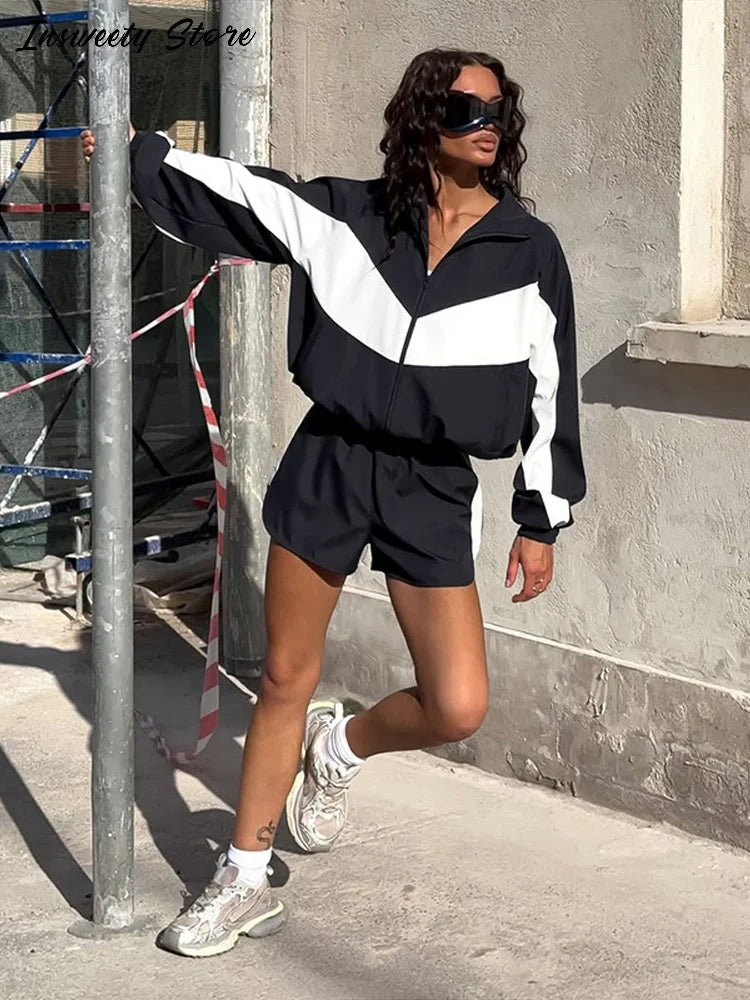 Fashion Color Block 2 Piece Tracksuit Women's Stand Collar Zip Lightweight Jacket Loose Mini Shorts 2026 New Lady Casual Outfit