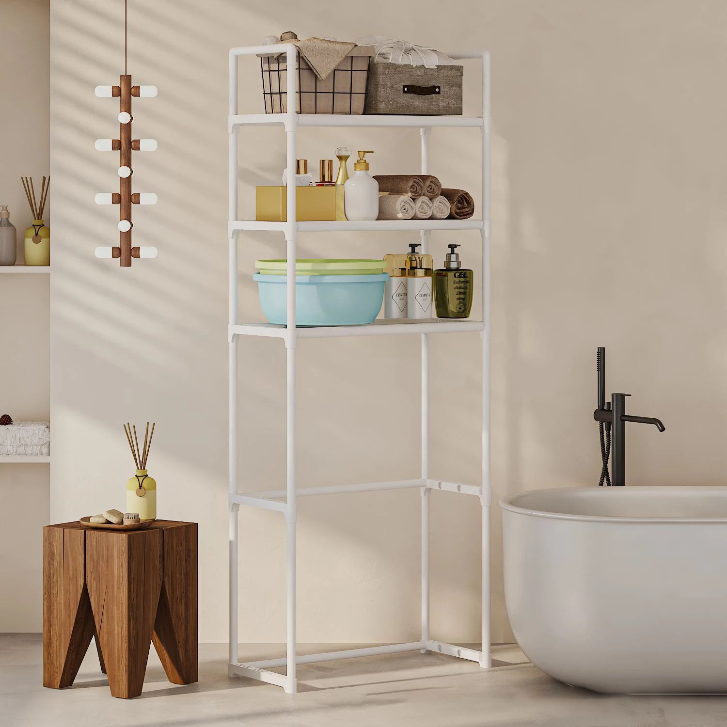 Bathroom Shelf,Washing Machine And Toilet Shelf,Laundry Storage Organizer,Space Saving,Metal Tube Bracket,Fabric Compartment