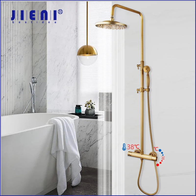 JIENI Bathroom Thermostatic Shower Faucet Set Antique Brass Wall Mounted Rainfall Shower Head W/ Single Handle Control Mixer Tap