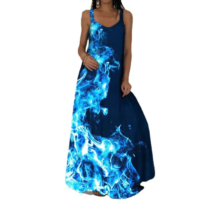 Women's Fashionable Flame Printed Sleeveless Dress  Summer Casual Printed Long Dress