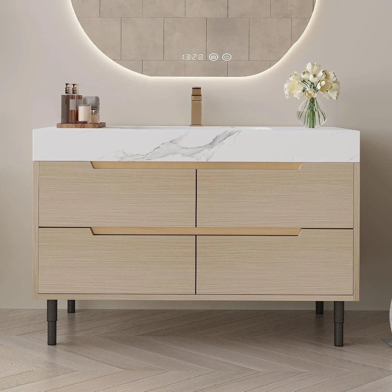 36" Modern Bathroom Vanity with Sintered Stone Top & Ceramic Sink – 4 Soft-Close Drawers, Waterproof Multi-Layer Wood, Custom