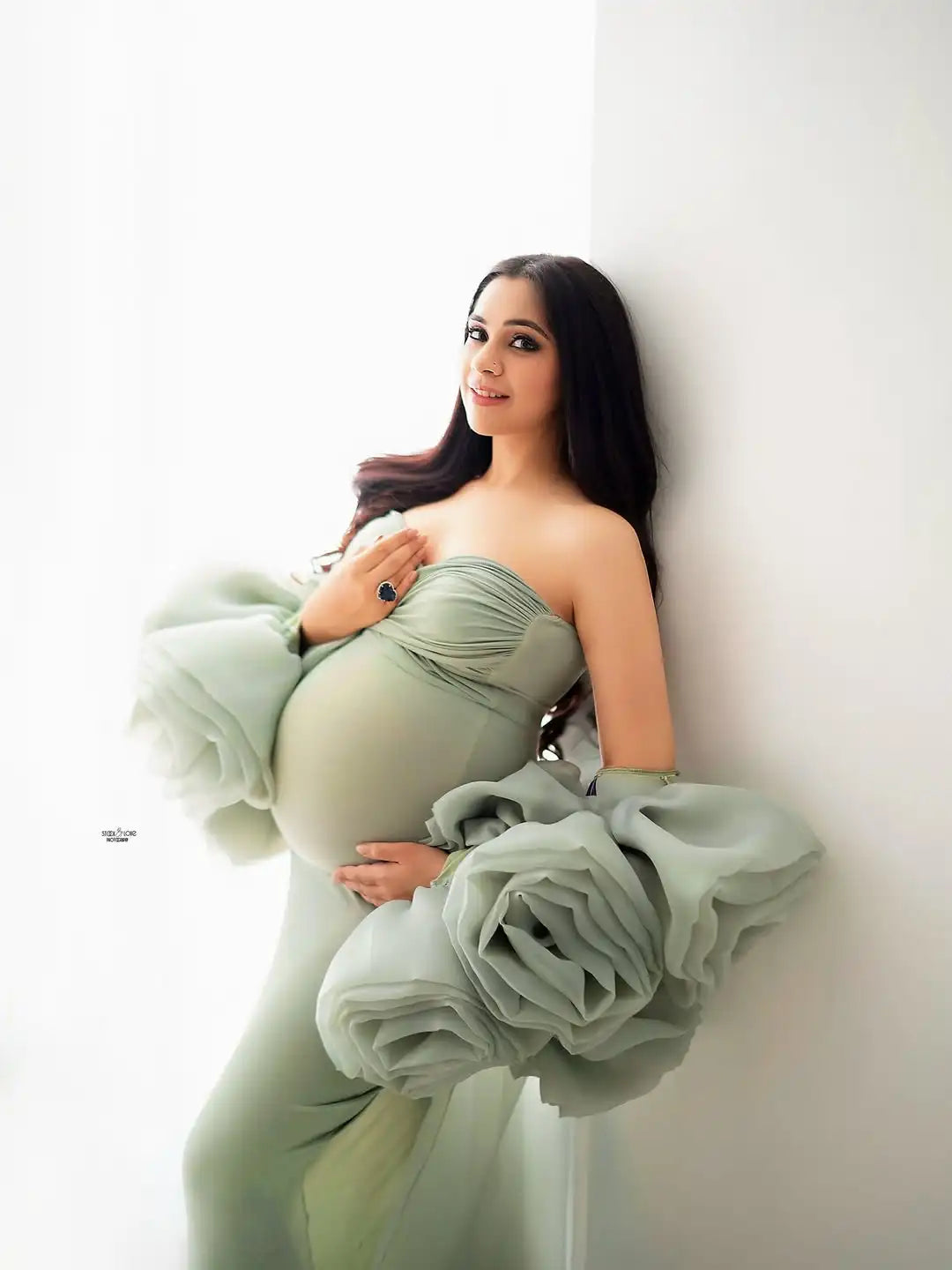 Charming Mint Green Flower Cape Maternity Dress for Photoshoot 2 Pieces Pregnancy Dress Hand Floral Maternity Dresses with Cape
