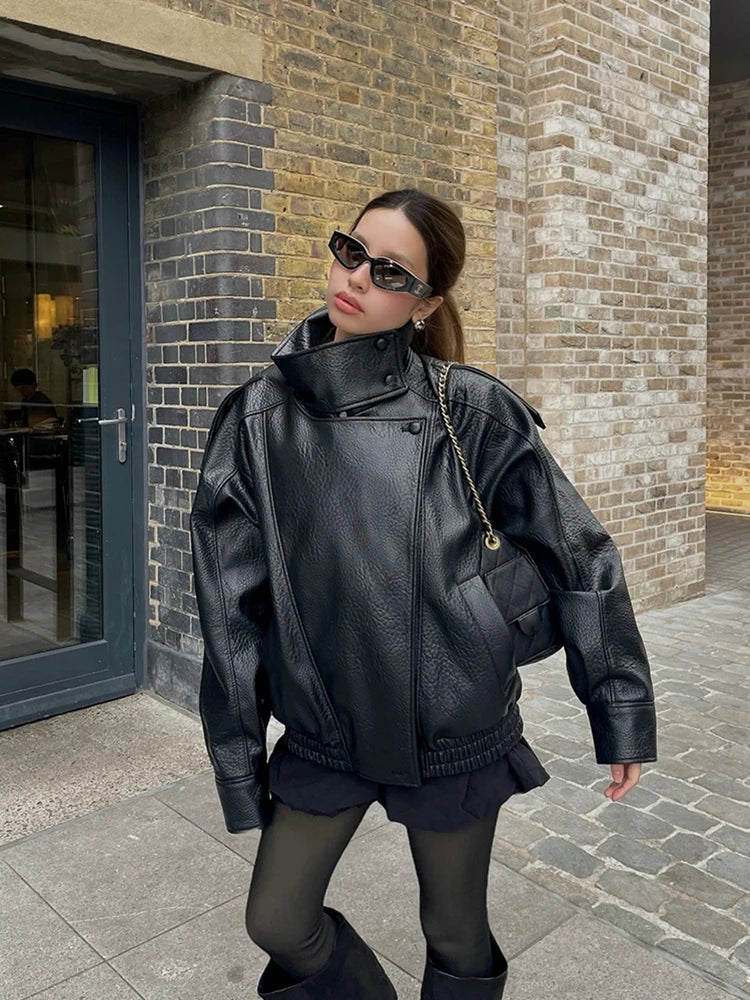 Fashion Black Faux Leather Short Jackets Women Retro High Neck Long Sleeve Oversized Coats Lady Autumn Winter Classic Streetwear
