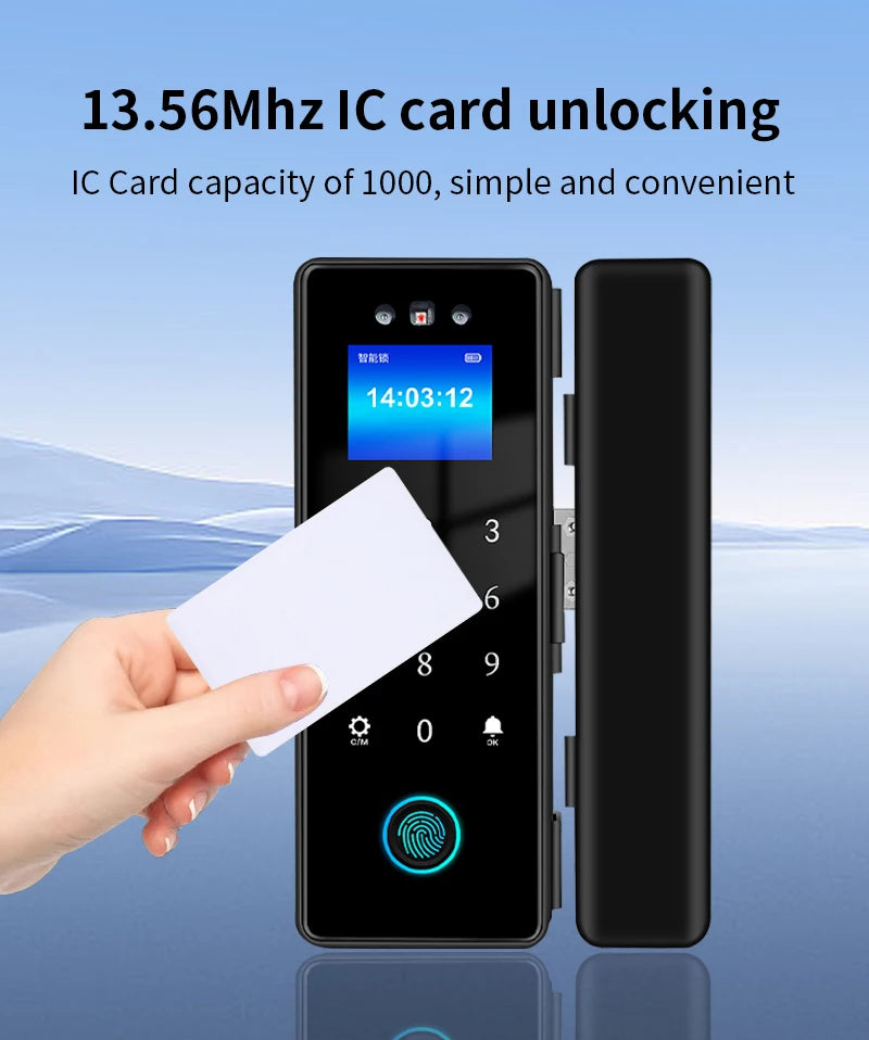 3D Face Tuya Wifi Electronic Smart Glass Door Lock With Biometric Fingerprint/RFID Card /Password Unlock/USB Emergency Charge