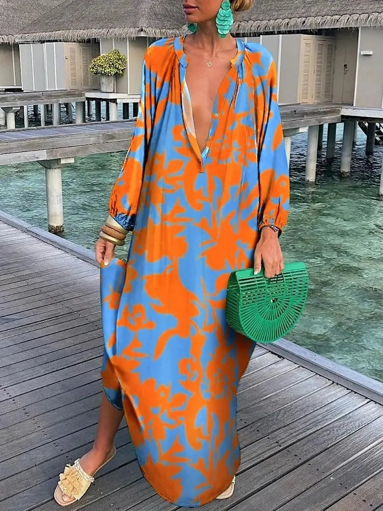 Autumn Women's Print Casual Dress New Fashion V-neck Long Sleeve Loose Holiday Party Long Dresses For Women Robe Femme 2024