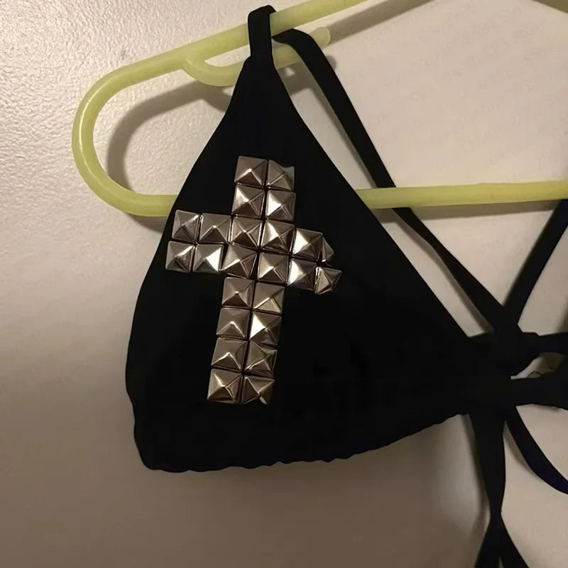 Summer Women's Gothic Punk Style Bikini Top Black Triangle Halter Swimwear Studded Cross Detail Y2K Beach Party 2025 New
