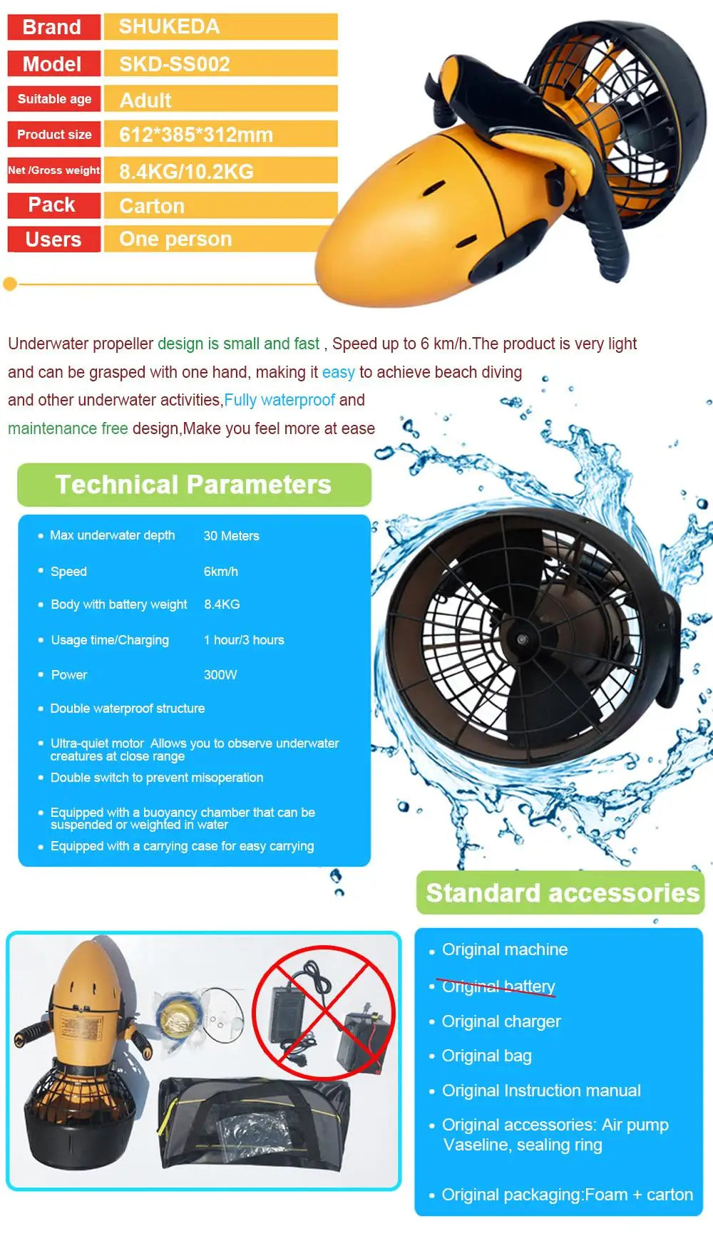 2026 New Design Factory Offer 300W High-Class Diving Equiment Water Scooter,Sea Scooter Underwater Screw (Without Battery)