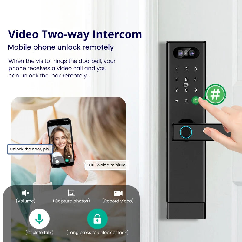 Facial Recognition Video call Automatic Door Lock TUYA Front Door Fingerprint Smart Lock Digit Camera Visible Inner Screen