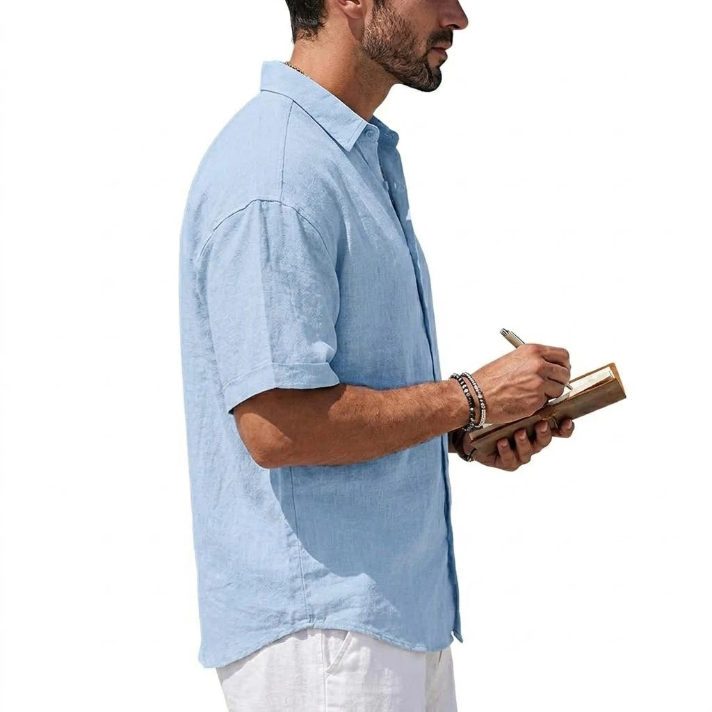 Korean Men's Short Sleeve Shirts Casual Cotton Linen T Shirts Man Lapel Shirts Male Breathable Hawaiian Shirt Man Summer T-shirt