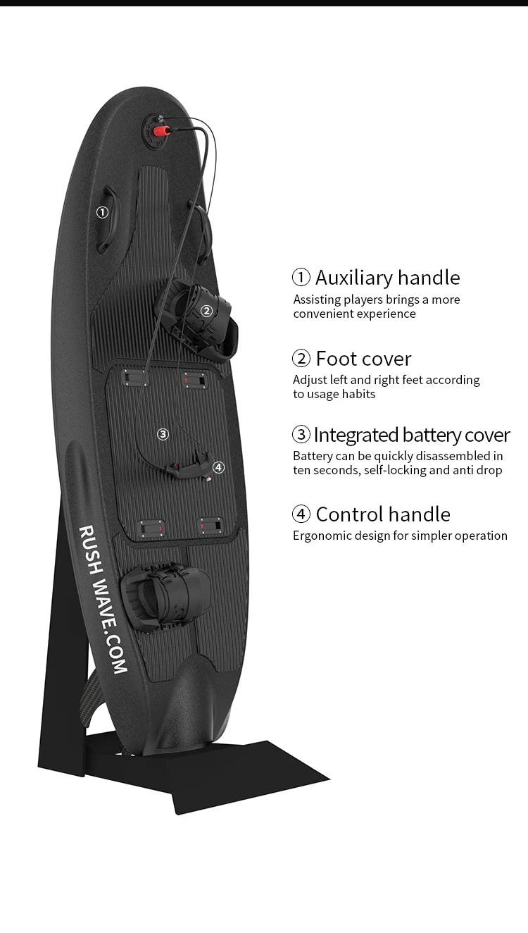 RUSH WAVE Electric Black Rider Pedal Water Jet Surfboard New Power Board for Sports and Entertainment Paddling