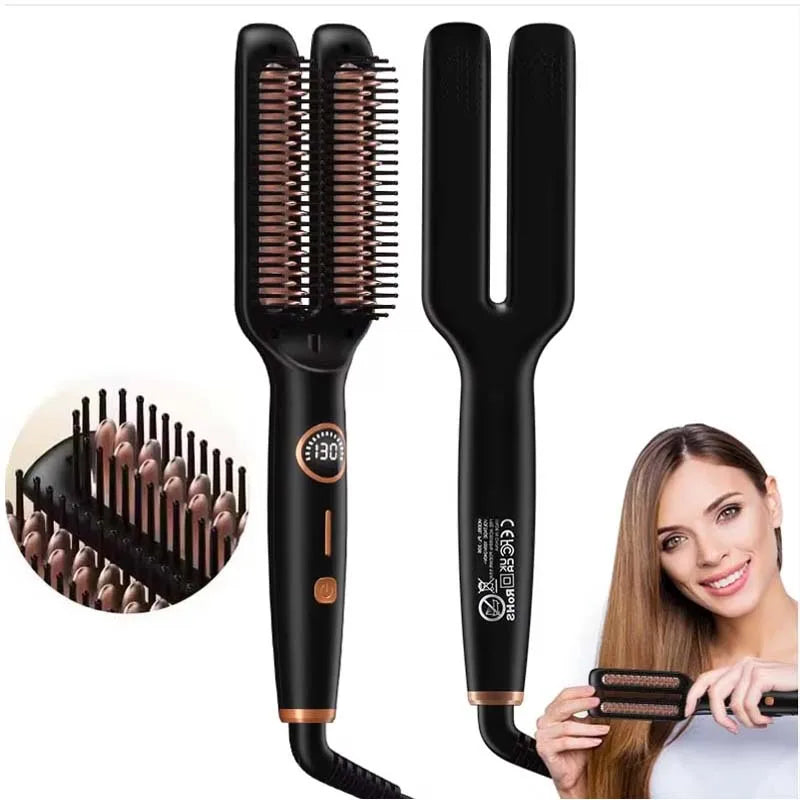 Professional Hair Straightener Brush Ionic Double Heating Plate 5 Temp Ceramic Heating Comb For Fast Lcd Display Styling Tool