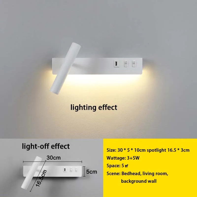 LED wall light with switch, rotatable USB reading spotlight, spotlighting, bedroom bedside hallway home decoration wall light