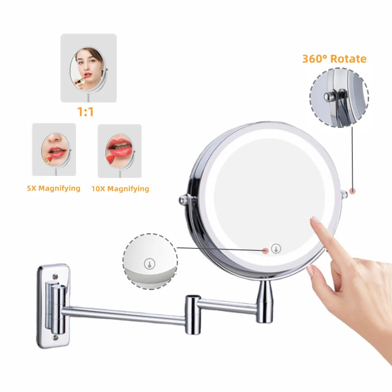 Wall Mounted Folding Arm Extend Bathroom Mirror With LED Light 10X Magnification Double Side Touch Dimming Makeup Mirrors