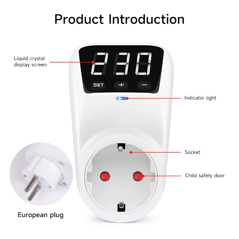 GEYA EU Socket with Voltage Protection Socket Plug AC230V 16A Adjustable Power Surge Protector Automatic Voltage Protector