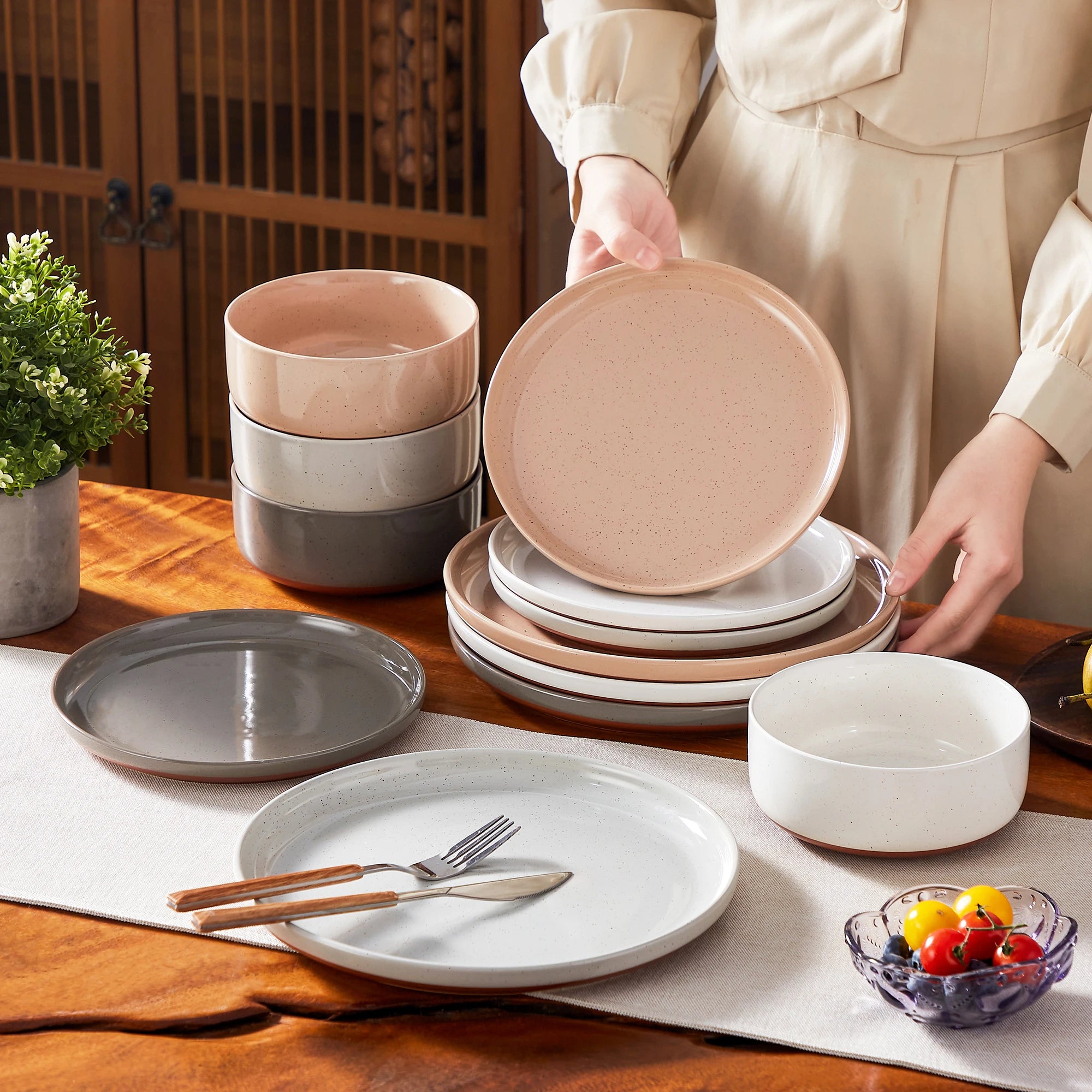 MALACASA TARA 12/24 Pcs Dinnerware Set Curved Edge Sesame Glaze Stoneware Plates Set With 4/6pcs Dinner Plate/Dessert/Bowl