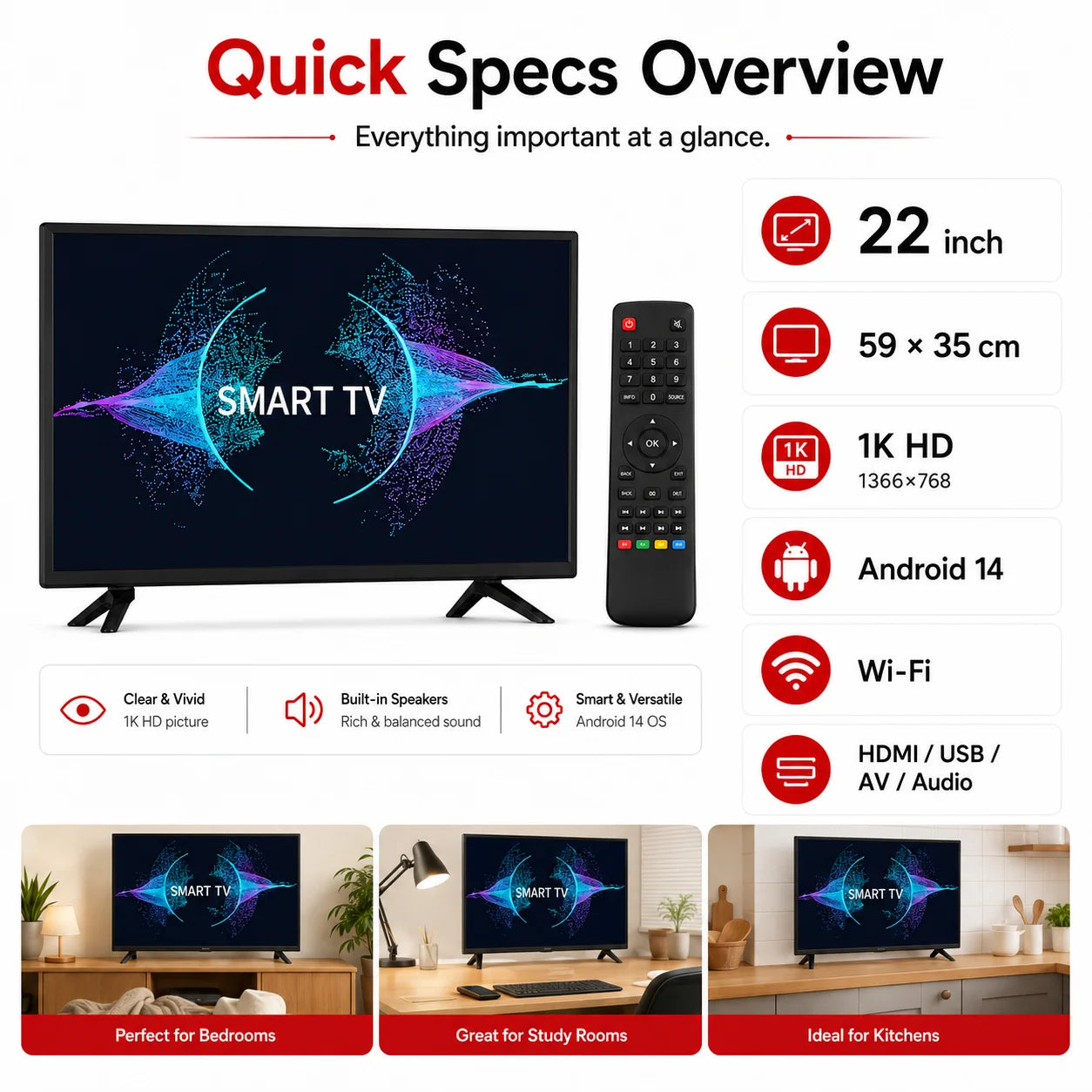 22 Inch Smart TV Android LED Television HD WiFi Bluetooth HDMI USB Flat Screen TV for Bedroom Kitchen RV Home