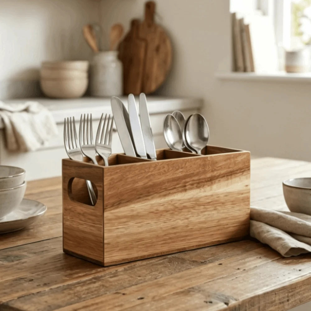 Kitchen Tools Wooden Utensil Organizer 3 Compartment Durable Storage Rack Space Saving Rustic Silverware Storage Box Countertop