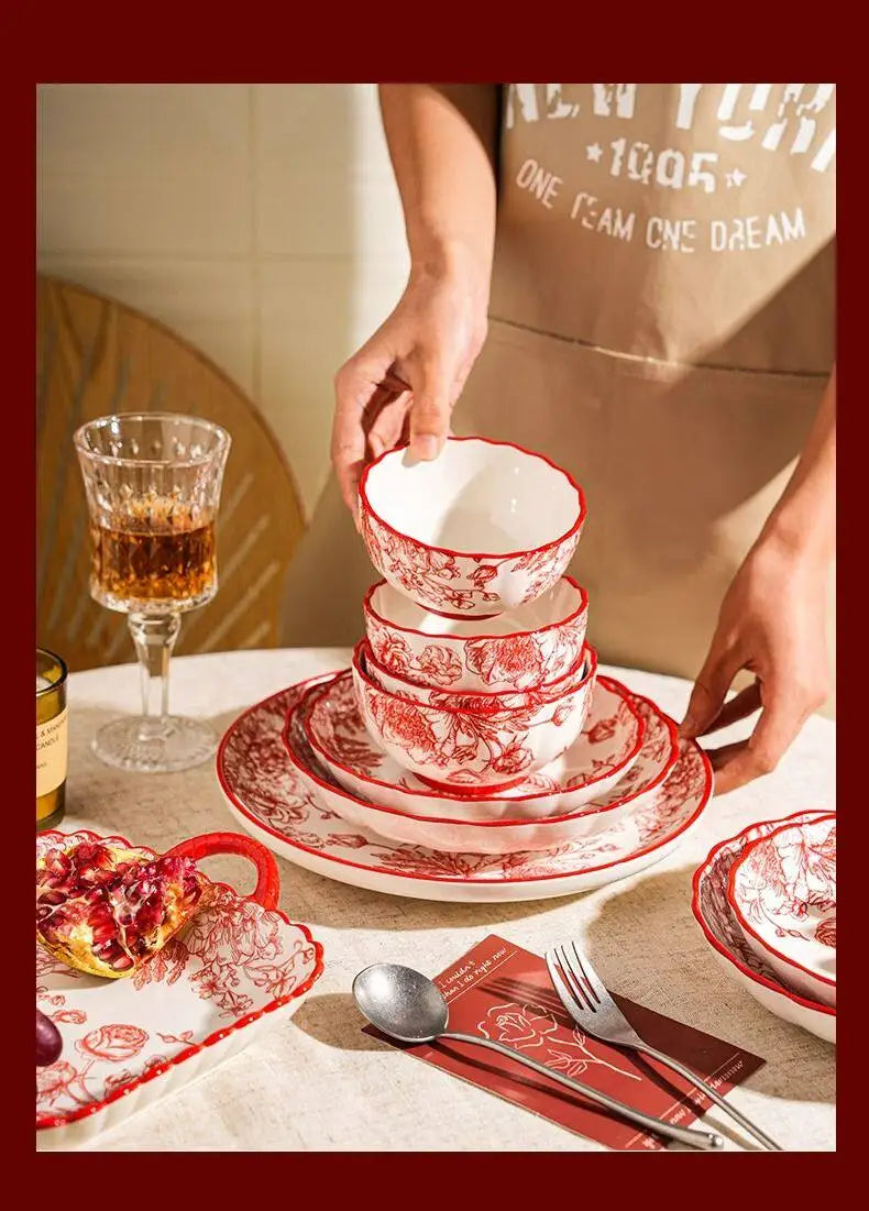 Modern Red Dinner Set Plates Luxury Designer Italian Round Plates Dinner Sets Ceramic Elegant Aparelho De Jantar Kitchen Dishes