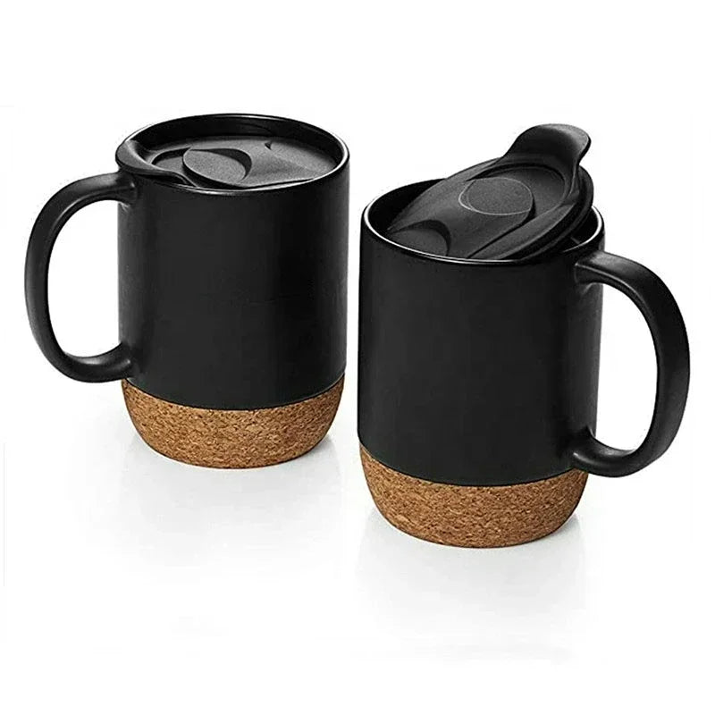 Simplicity Ceramic Cork Bottom Coffee Mug with Lid Splash Proof Heat-resistant Matte Plain White Black Cork Base Bottom Tea Cup