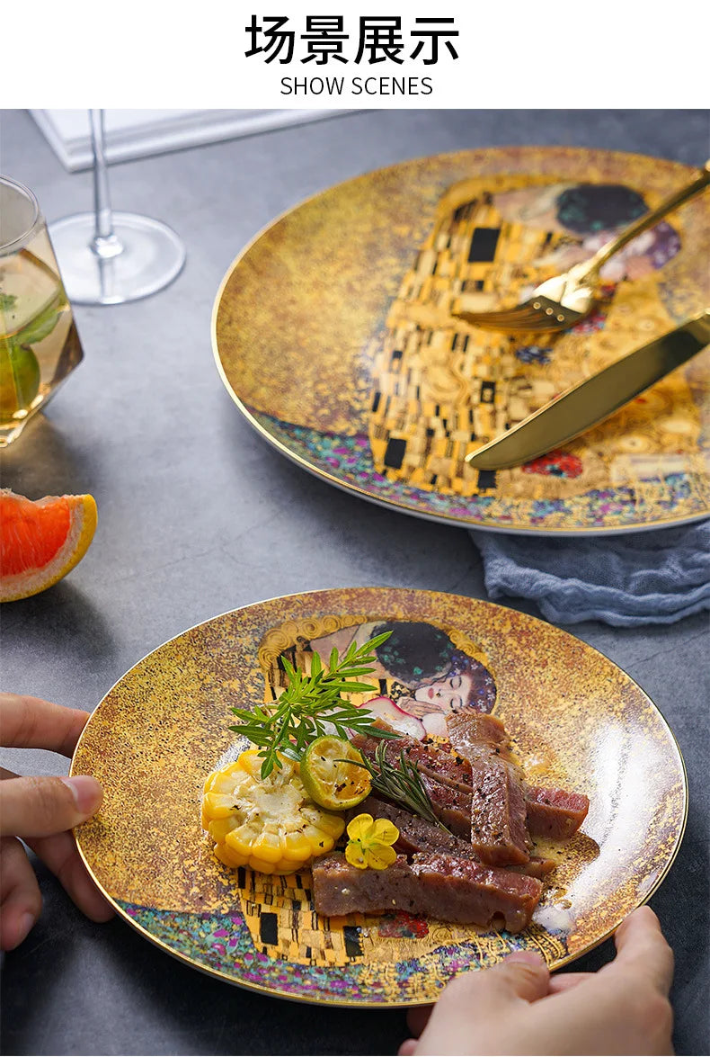 Klimt Kiss Bone China Dinning Plates Set Luxury Porcelain Plate for Dessert Steak Bread Cake Dish Home Party Tableware Gift