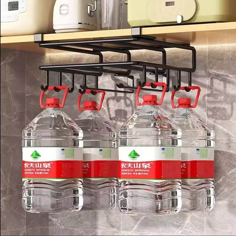 Kitchen Under Cabinet Hanging Organizer Rack with Hooks Multi-Purpose Holder for Paper Towel Cutting Board & Pot Lids