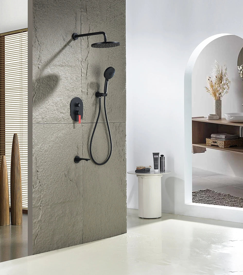 High End Matte Black Concealed Rain Shower System Modern Bathtub Thermostatic Shower Set 3 Modes Rainfall Bathroom Shower Faucet