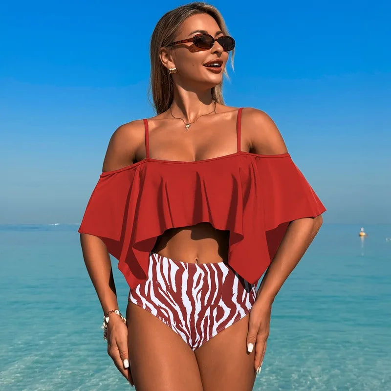 Bikini Sets For Women Ruffles Bikinis Bra and Printing Shorts Ladies High Waist Summer Beach Bathing Suits Swimsuits