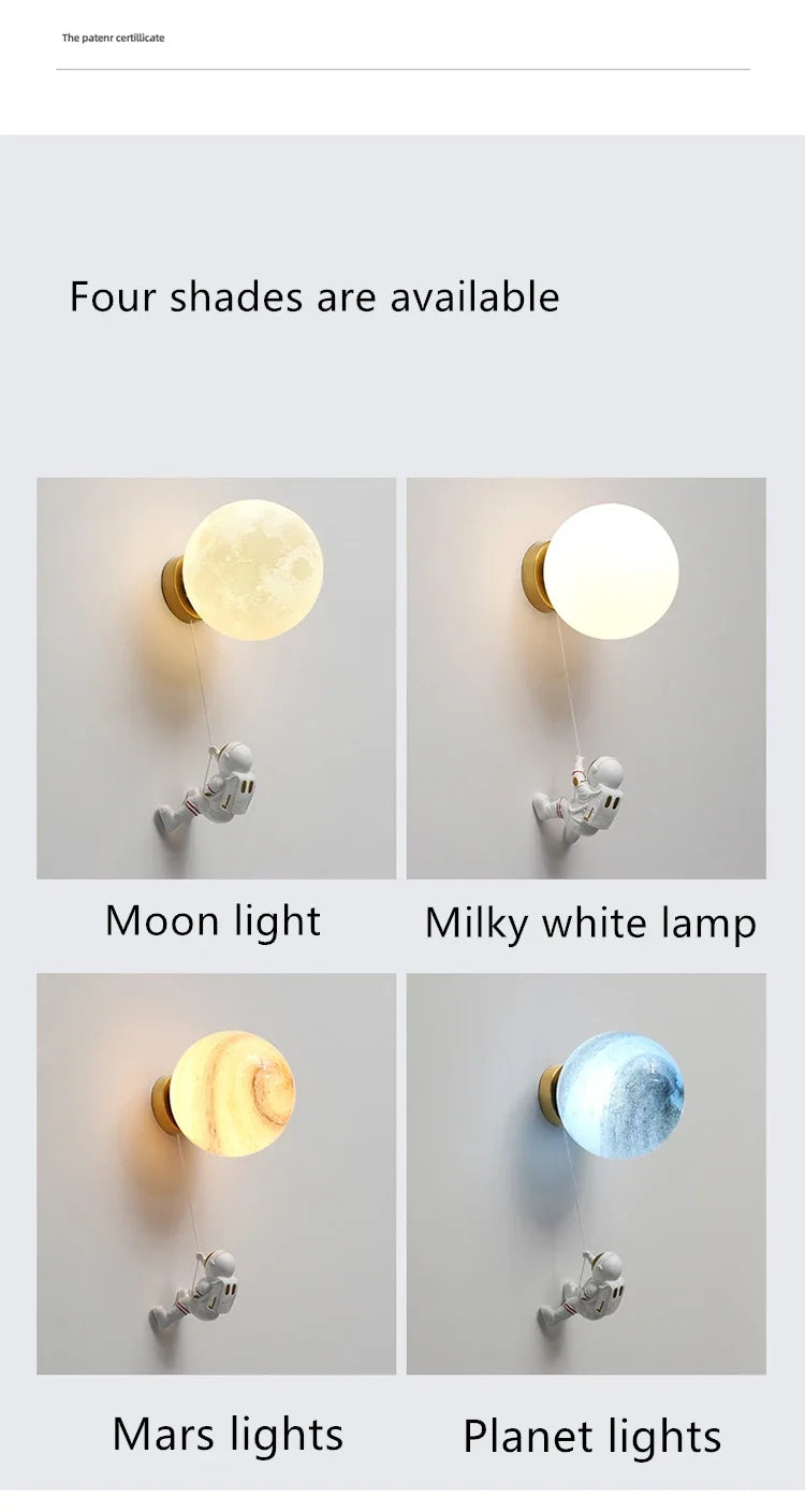 Modern Astronaut Wall Lamp Natural Alabaster Planet LED Sconce Kids Bedroom Astronaut Nursery Decor