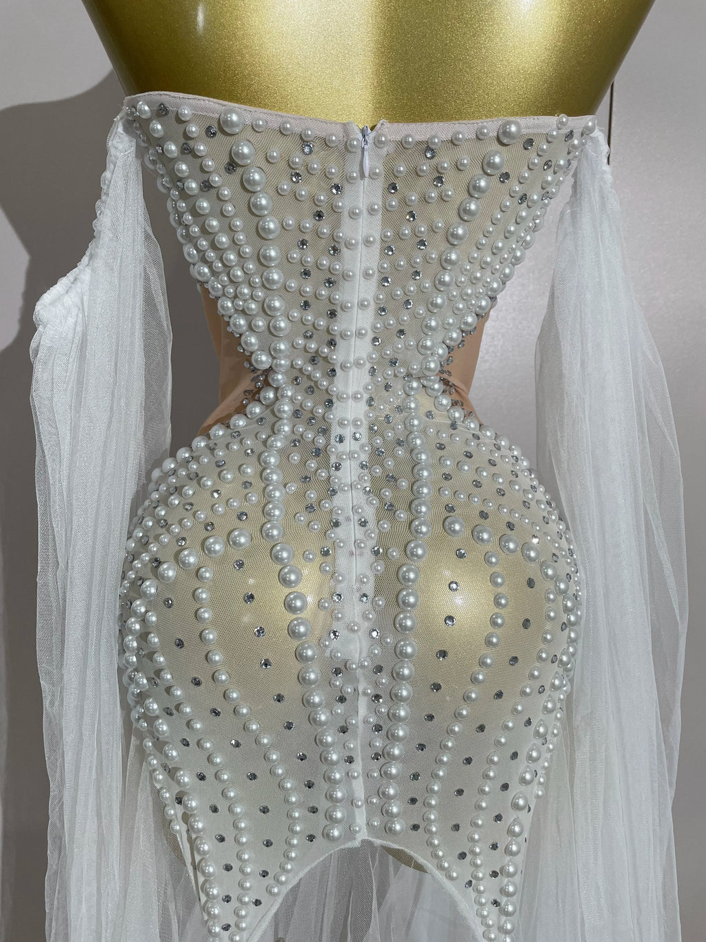 Elegant Sparkly Rhinestone White Pearl Sexy Strapless Mesh Long Dress Wedding Guest Gowns Luxury Birthday Evening Party Dress