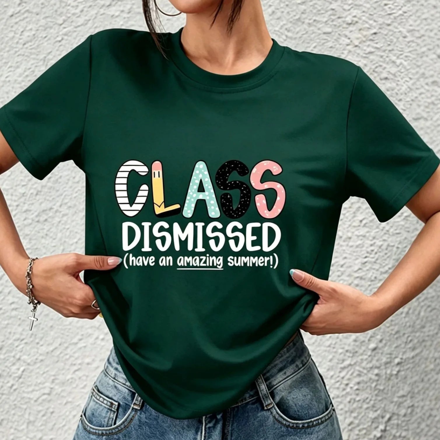 American Style Short Sleeve T-Shirt Women's Letter Print Slimming Fashionable Cross-Border Shoulder Length round Neck Top