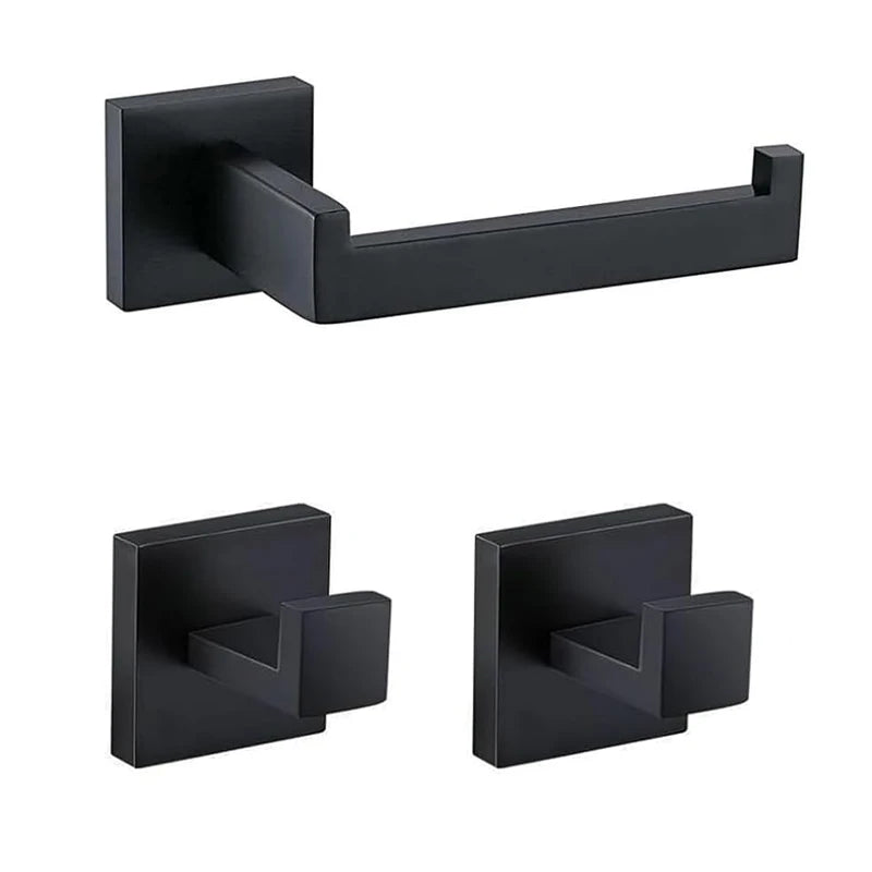 Bathroom Hardware Set Matte Black SUS304 Stainless Steel Toilet Paper Holder Robe Hook Towel Bar Modern Square Wall Mount