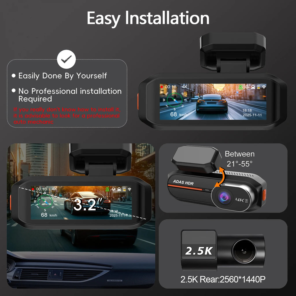 UHD 4K 3840*2160P Dash Cam ADAS WiFi GPS Front 4K Rear 2.5K DVR Video Recorder 24H Night Vision Dash Cam Car Camera Black Box