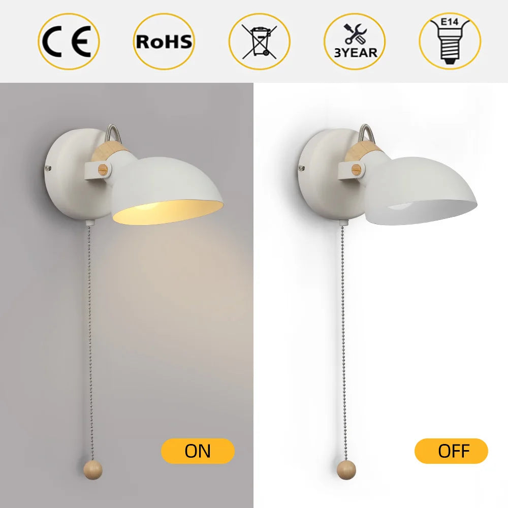 LED Wall Light Replaceable E14 Bulb With Pull Chain Switch Matte Metal Directional Wall Lamp For Bedside Living Room Hotel