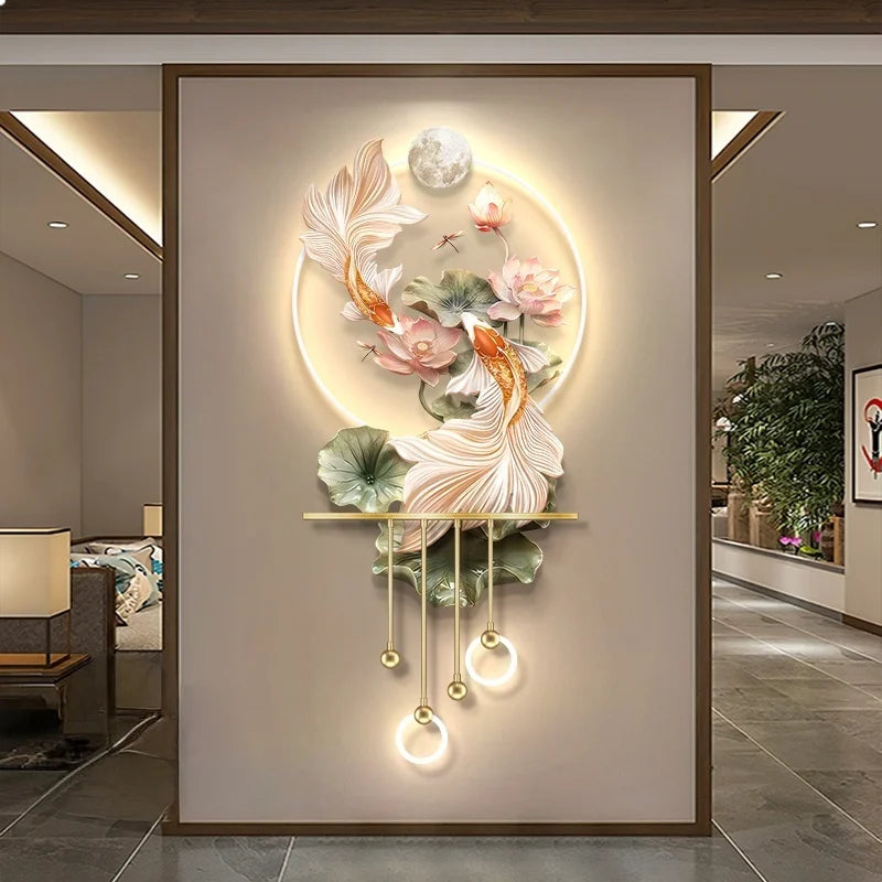 Modern Light Luxury Entrance LED Decorative Painting Koi Carp Home Decoration Living Room Bedroom Sofa Wall Corridor Mural Light