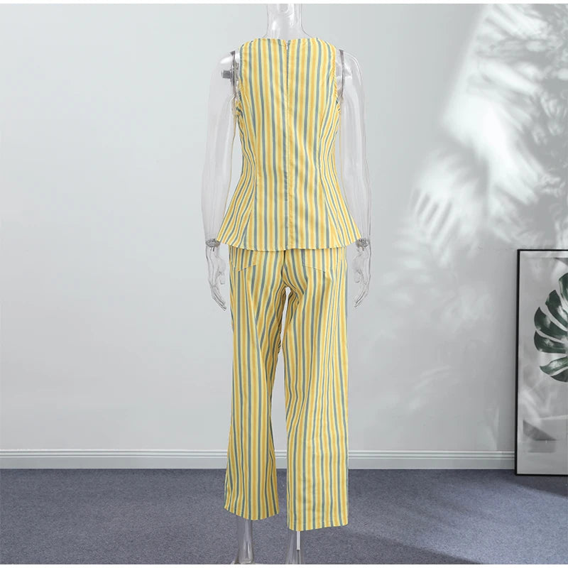 Casual Striped Pleated Vest Pants Women's Set Elegant Sleeveless O-neck Top Wide Leg Trousers 2026 Summer Vacation Lady Outfit