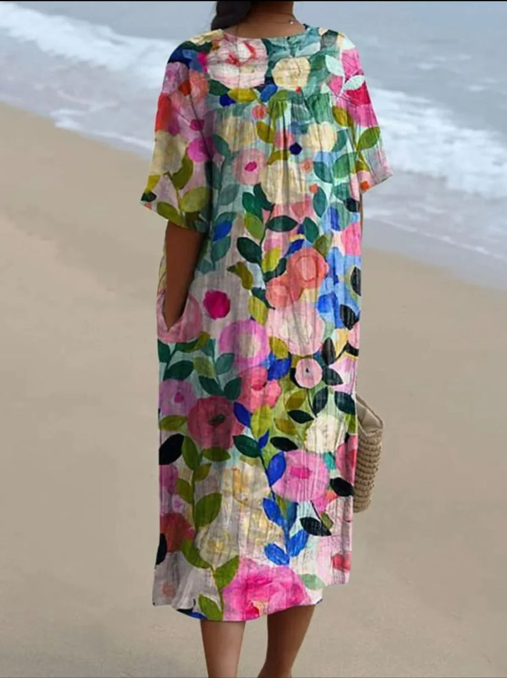 Women Floral Print Summer Maxi Dresses Colorful V Neck Short Sleeve Casual Loose Vacation Workout Beachwear Dress Robe Traf 2025
